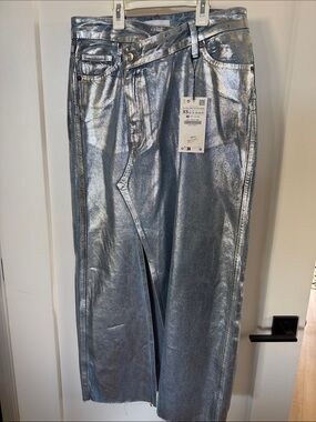 Zara Metallic Silver Maxi Skirt with offside Slit